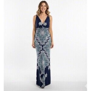 Covington Sleeveless Maxi Dress Large Paisley Blue White V-Neck Flowy  EUC